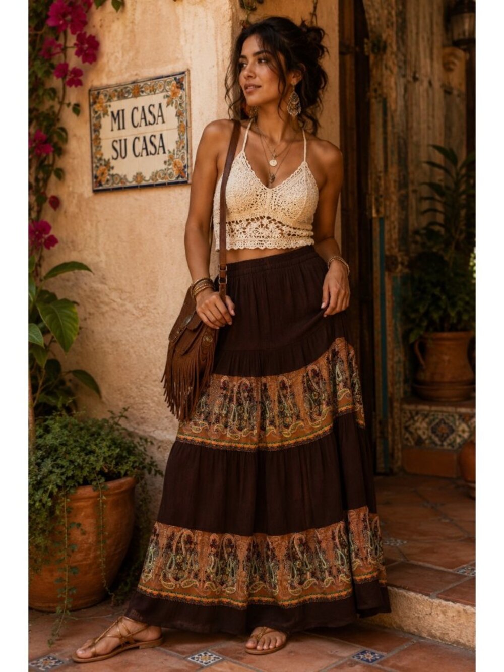 Vintage Brown Paisley Border Maxi Skirt Boho Festival Rayon Pull On Elastic Wais